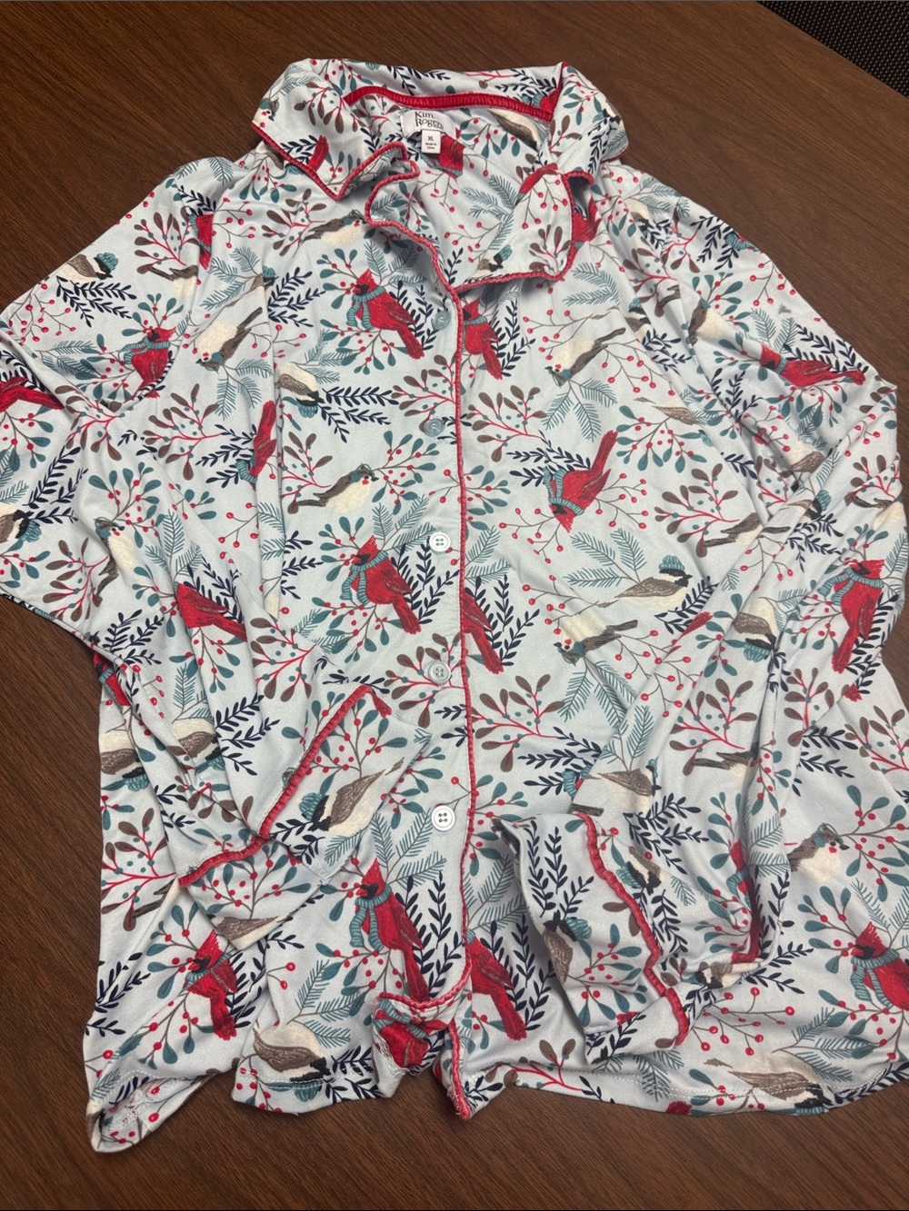 Kim Rogers White Pajama Set with Red Cardinal & Green Botanical Print